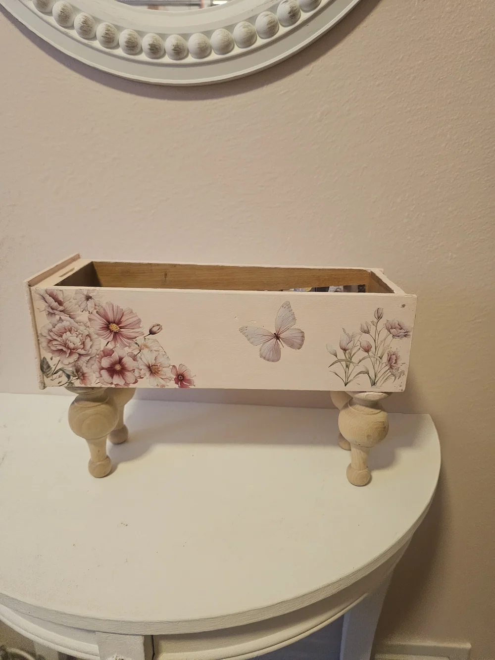 Pink Floral Decorative Wooden Riser / Box with Natural Pedestal Legs